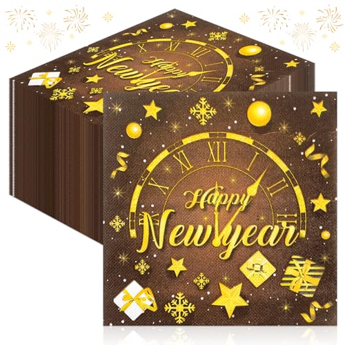 GreenYeah Servietten Silvester 2025, 100 Stück Silvester Servietten, Neujahr Papierservietten, Schwarz Gold Neujahrsservietten für Silvester Party Abendessen Geschirr Dekoration 33x33 cm von GreenYeah