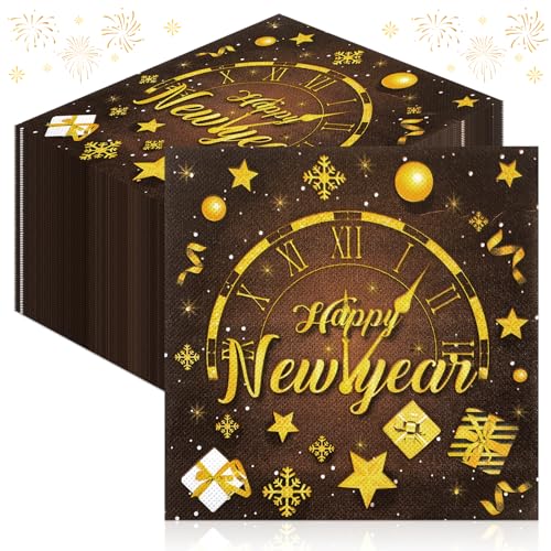 GreenYeah Servietten Silvester 2025, 100 Stück Silvester Servietten, Neujahr Papierservietten, Schwarz Gold Neujahrsservietten für Silvester Party Abendessen Geschirr Dekoration 33x33 cm von GreenYeah