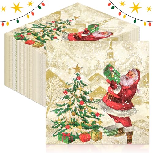 GreenYeah Servietten Weihnachtsmann, 100 Stück Santa Claus Servietten mit Weihnachtsmann, Weihnachtsbaum, Schneeflocke Motiv, Weihnachten Servietten Party Tischdeko Deko, Christmas Napkins 33x33CM von GreenYeah