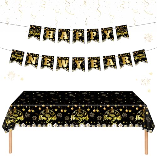 GreenYeah Tischdecke Silvester, Frohes Neues Jahr Tischdecken 2025, Happy New Year Banner, 2025 Neujahr Tischdecken, Schwarz und Gold Party Tischdecke für Rechteck Tisch 137 x 274cm (A) von GreenYeah