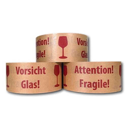 Papierklebeband Achtung Glas - 50mm breit - 50m Klebeband Papier - Geräuscharm, stark haftend und reißfest- Nachhaltiges Paketklebeband (12) von Greenscaping