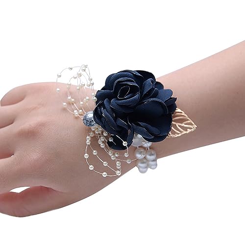 Greensen Handgelenk Corsage Rose Ansteckblume mit Perlenstretcharmband, Rose Blumen Anstecker Boutonniere und Handgelenk Blume für Hochzeit, Abschlussball, Party (Dunkelblau) von Greensen