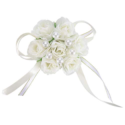 Handgelenk Blume Hochzeit Armband Braut Rose Armband Brautjungfer Blumen Handkette, Braut Handgelenk Corsage Rose Braut Handgelenk Corsage Glänzende Perle Handwear für Fancy Party(Elfenbeinweiß) von Greensen