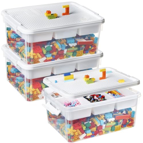 Aufbewahrungsbox für Bausteine Ablagefächer 3 pcs Stapelbar Kisten Spielzeug Aufbewahrung mit Deckel & Bauplatte Stapelboxen Kunststoff Sortierboxen Kleinteile Organizer Box Kinder Spielzeugkiste von Greentainer