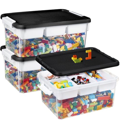 Aufbewahrungsbox für Bausteine Ablagefächer 3 pcs Stapelbar Kisten Spielzeug Aufbewahrung mit Deckel & Bauplatte Stapelboxen Sortierboxen Kleinteile Organizer Box Kinder Spielzeugkiste(Schwarz) von Greentainer