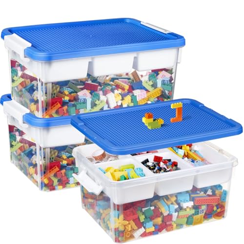 Aufbewahrungsbox für Bausteine Ablagefächer 3 pcs Stapelbar Spielzeug Aufbewahrung mit Deckel & Bauplatte Stapelboxen Kunststoff Sortierboxen Kleinteile Organizer Box Kinder Spielzeugkiste(Blau) von Greentainer