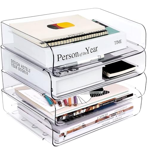 Greentainer 4-Stöckige Ablagekorb für A4, Dokumentenablage aus PET Kunststoff, Stapelbare Schreibtisch Organizer Briefkorb, Briefablage,A4-Papierablage für Zuhause,Büro,Schule(4pcs Transparent) von Greentainer