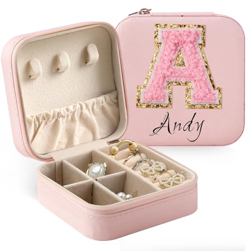 Personalisierte Schmuckschatulle, Individuelle Schmuckschatulle mit Namen Initia A-Z, Mini-Schmuckschatulle Organizer für Ringe, Halsketten, Ohrringe, Geschenke für Frauen,Ridesmaid Geschenke(rosa) von Greenyre