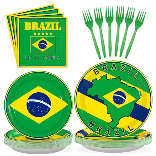 96 Stück Brasilien Flagge Geburtstag Party Supplies Brasilien Flagge Party Teller und Servietten Einweggeschirr Set Brasilien Party Dekorationen Patriotische Veranstaltung Geburtstag Familientreffen von Grencian