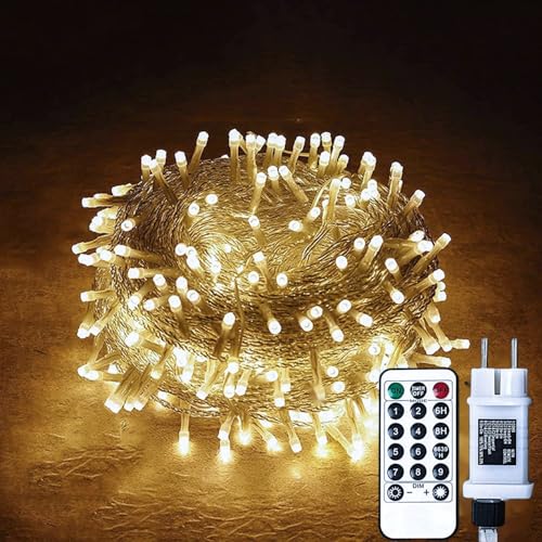 Gresonic 100/200/300/400er Led Lichterkette Strombetrieben mit Stecker Außen und Innen für Hochzeit Weihnachten Party Warmweiß (Warmweiss 8modi Dimmbar, 200LED) von Gresonic