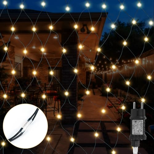 Gresonic 1.5 * 1.5M 96er LED Lichternetz Lichtervorhang Lichterkette mit Stecker Warmweiß Deko Leuchte Innen und Außen Weihnachten Hochzeit (96LED, Warmweiß 8 Modi Grünes Kabel) von Gresonic