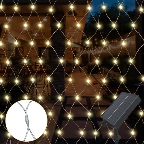 Gresonic 1.5 * 1.5M 96er LED Solar Lichternetz Lichtervorhang Lichterkette Warmweiß Deko Leuchte Innen und Außen Weihnachten Hochzeit (96LED, Warmweiß 8 Modi) von Gresonic