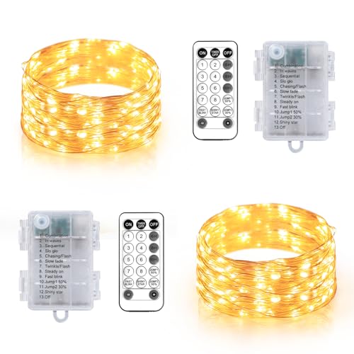 Gresonic 10M Lichterkette Innen Batterie, 2 Stück 100 LED 12 Modi Timer Silberdraht Micro Lichterkette IP44 Wasserdicht Warmweiß mit Fernbedienung für Außen Garten Hochzeit Balkon von Gresonic