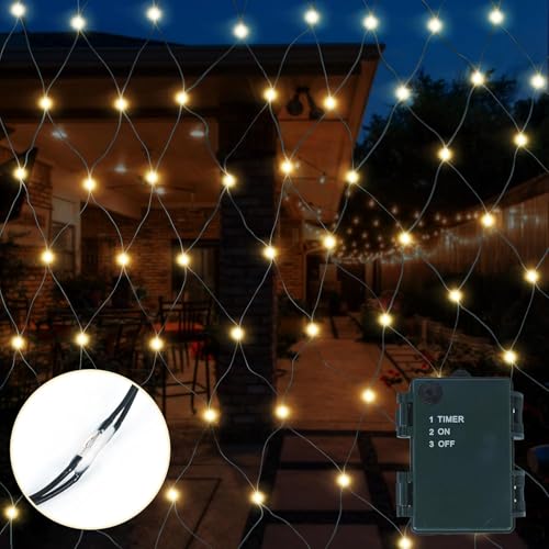 Gresonic 144er 2 * 2M LED Lichtnetz Lichterkette batteriebetrieben warmweiß Dekorationslicht innen und außen Weihnachten Hochzeit (144LED, Warmweiß Timer batteriebetrieben) von Gresonic