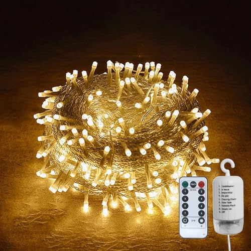 Gresonic Lichterkette Außen & Innen, 100LED 10m Warmweiß Batteriebetrieben Lichterketten 8 Modi Timer Fernbedienung Dimmbar IP44 Wasserdicht für Weihnachten Garten, Party, Hochzeit, Balkon, Balkone von Gresonic