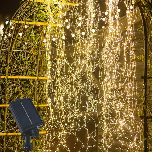 Gresonic Solar 100er Kupferdraht Lichterkette Außen Wasserfall Lichterbündel LED Lichterschweif, Wasserdichte Lichterstrang für Gießkanne kinderzimmer camping balkon Aussen und Innen Deko Warmweiß von Gresonic