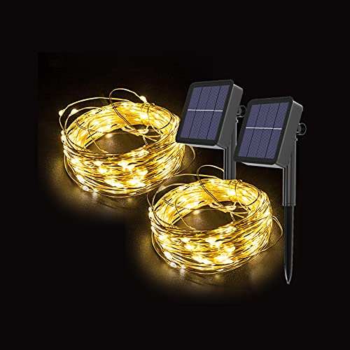 Gresonic Solar Kupferdraht Lichterkette Außen, Wasserdicht 8 Modi Solarlichterkette für Garten Terrasse Balkon Bäume,Lichtdraht Aussen Beleuchtung Deko(100LED 2 Packung, Warmweiß) von Gresonic