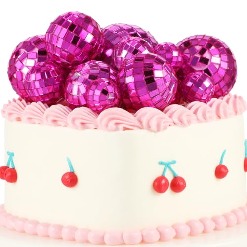 12 Stück Disco Ball Cake Toppers,Mini Discokugel,Kleine Discokugel,Discokugel Klein Kuchenaufsätze Disco-Themen-Zubehör für Geburtstagsparty-Deko 70er-Jahre-Disco-Motto-Tanzparty-Zubehör-Rose Rot von Grevosea