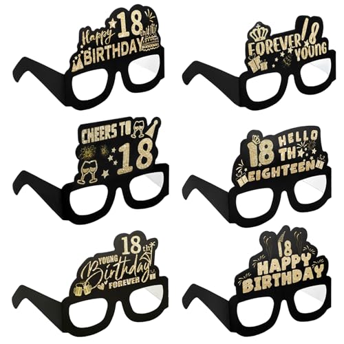 6 Stück Brille Zum 18. Geburtstag,Partybrillen Happy Birthday 18th Partybrille 3d Happy Birthday Party Paper Eyeglasses,Glitter Papier 3D Party Brille für Frau Mann 18. Geburtstag Party Deko von Grevosea