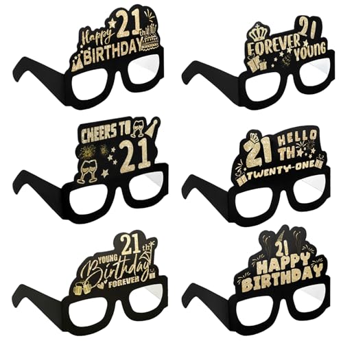 6 Stück Brille Zum 21. Geburtstag,Partybrillen Happy Birthday 21th Partybrille 3d Happy Birthday Party Paper Eyeglasses,Glitter Papier 3D Party Brille für Frau Mann 21. Geburtstag Party Deko von Grevosea