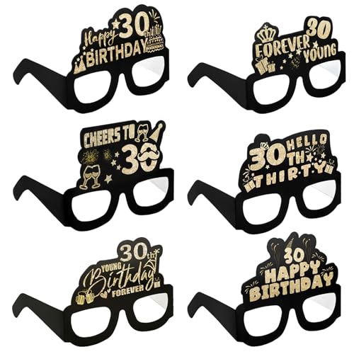 6 Stück Brille Zum 30. Geburtstag,Partybrillen Happy Birthday 30th Partybrille 3d Happy Birthday Party Paper Eyeglasses,Glitter Papier 3D Party Brille für Frau Mann 30. Geburtstag Party Deko von Grevosea