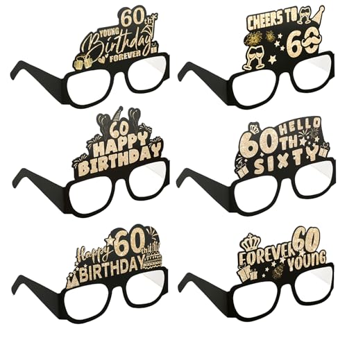 Grevosea 6 Stück geburtstagsparty brillen Happy Birthday 60th Partybrille 3D Happy Birthday Party Paper Eyeglasses,Glitter Papier 3D Party Brille für Foto-Requisiten,Partygeschenke Geburtstagsfeier von Grevosea