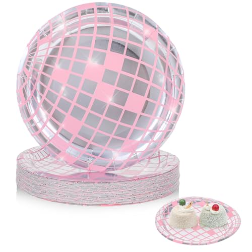 Einwegteller Pappteller 25 Stück Partyteller für Kinder Disco Party Teller,7.1inh Pappteller 18cm,Einweg Papierschalen 70er Jahre Disco Partyzubehör für Geburtstag Hochzeit Weihnachten-PINK von Grevosea