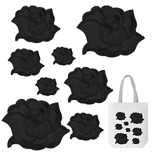 Grevosea 8 Stück Schwarz Rosen Applikationen Patch Schwarze Rose Patches Blumen Rose Patches Zum Aufbügeln Rose Gestickte Aufnäher Applikation für DIY Kleidung Jeans T-shirt Jacken Rucksäcke von Grevosea