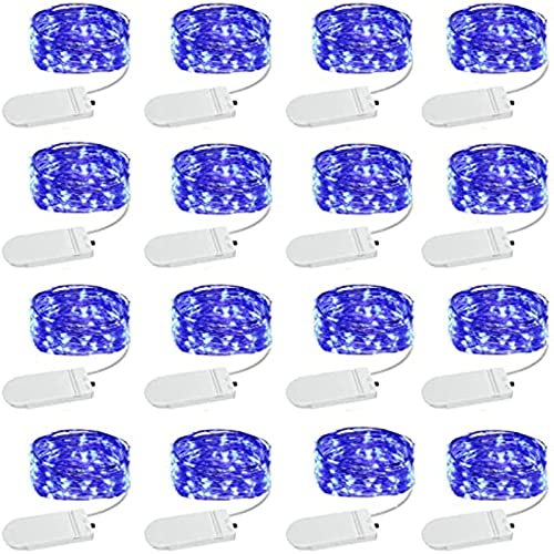 16 Stück blaue Lichterkette, batteriebetrieben, 3 m, 30 LEDs, Einmachglas-Lichter, wasserdichte Glühwürmchen-Lichterkette, Silberdraht, Mini-Lichterkette zum Basteln, Blumengirlande, Partydekoration von Grezea