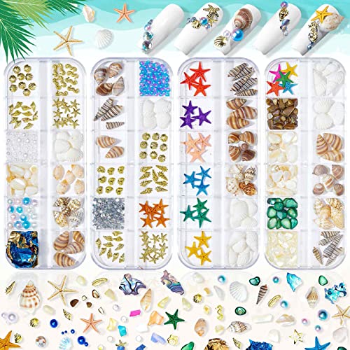 4 Kisten Ozean-Serie 3D Nagel Charms, 3D Nagel Kunst Dekorationen, 3D Nagel Rhinestones, Sommer Ozean Serie Nail Accessoires Shells Starfish Perlen Steine, etc. für Nagelkunst DIY von Grospe