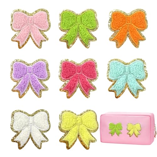 Grozon Bunte Chenille-Patches mit Schleife zum Aufkleben, Goldrand, Applikation für Kleidung, Hüte, Jacken, Rucksäcke, Hosen, 8 Stück, 6,1 cm von Grozon