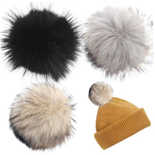 3pcs pompoms für Hüte, 6 Zoll Waschbär Haar Pom Poms Ball mit Knopf, wiederverwendbare weiche flauschige Pompons für Hüte Schlüsselanhänger Schals Handschuhe Taschen Strickzubehör POM POMs für Hüte von Grtheenumb