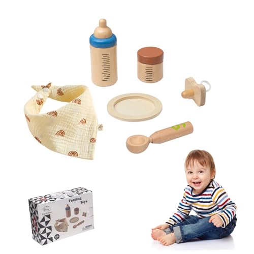 Babypuppen -Fütterungszubehör, Babypuppen -Fütterungsset Realistisches Holzbabypuppen -Fütterungszubehör mit Löffel, Abschnittsteller, Milchflasche und mehr, Babypuppenzubehör für das Spielzeugspielz von Grtheenumb