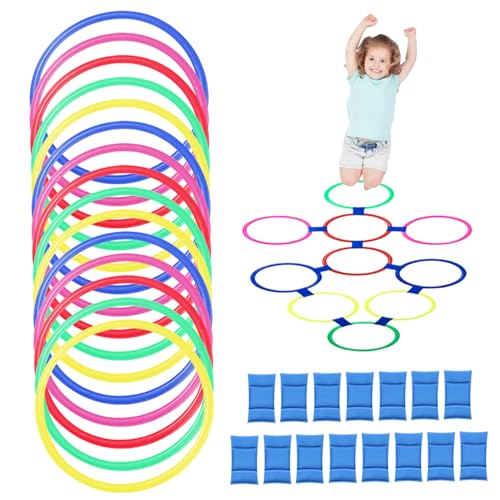 Grtheenumb Hopscotch-Ringe, 15 PCS 15 Zoll Multi-Farb-Hopscotch-Outdoor mit 15 PCs Schnalle, DIY-Hinderniskurs für Kinder 2+, Non Slip Kids Outdoor Play Equipment Hopscotch-Ringe von Grtheenumb