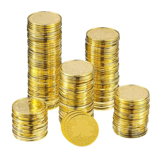 Grtheenumb St. Patrick's Day Coin Gold Plastik Shamrock Coin 3-Blattklee Münze für Partyversorgung 100pcs Gold, Shamrock-Kobold von Grtheenumb