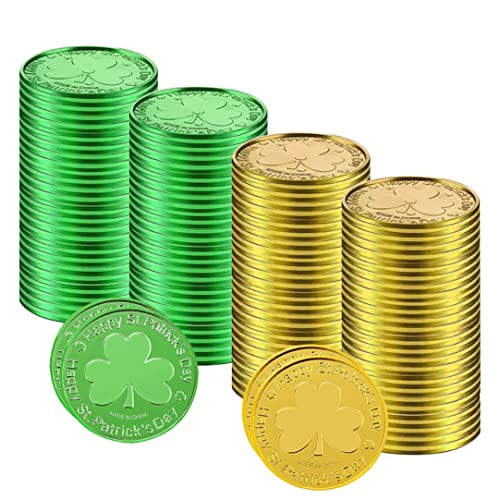 Grtheenumb St. Patrick's Day Coin Plastik Shamrock Coin 3-Blattklee Münze für Partyversorgung 100 Stück Gold Green, Shamrock-Kobold von Grtheenumb