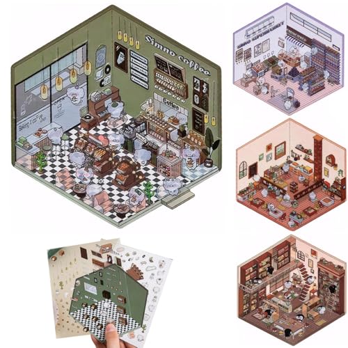 Szenenaufkleber 4 Set Cafe, Shop, Restaurant & Bookstore 3D House Stickers DIY-freundlich entzückende 3D-Aufkleber Stressabbauaufkleber für Erwachsene, Kinder von Grtheenumb