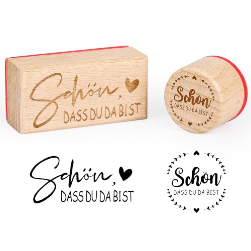 2er-Set Holzstempel „Schön, dass du da bist“ – Runde & rechteckige Stempel für Karten, Einladungen, Scrapbooking & Geschenkanhänger – Ideal für Konfirmation & Kommunion von Grünara