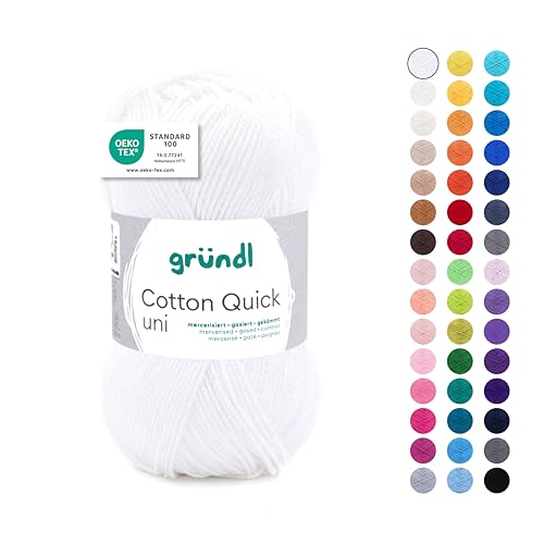 Gründl Wolle Cotton Quick uni - Wolle zum Häkeln aus 100 % Baumwolle - Wolle zum Stricken - glänzendes Baumwollgarn 1 Knäuel 50 g / 125 m - Weiß von Gründl