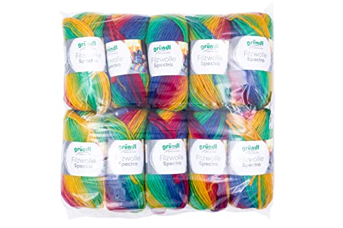 Gründl Wolle Filzwolle Spectra, (OEKO-TEX zertifiziert, 100% Schurwolle zum Filzen, 100 g / 100 m, 10 Knäuel á 100 g), carneval multicolor von Gründl