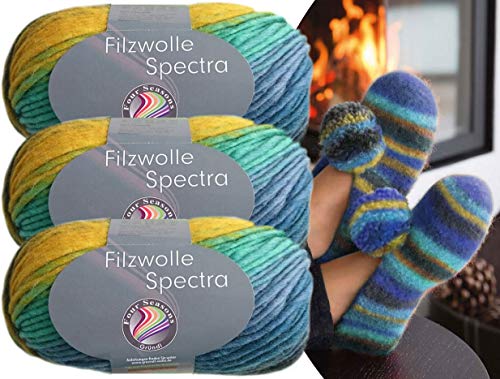 Gründl 3x100 Gramm Filzwolle Spectra aus 100% Schurwolle, (Sparset 01 Türkis Blau Schwarz) inkl. Strickanleitung für Filzhausschuhe + 3 Strasssteine zum aufnähen von Gründl