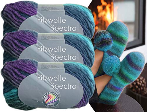 Gründl 3x100 Gramm Filzwolle Spectra aus 100% Schurwolle, (Sparset 03 Blau Mix) inkl. Strickanleitung für Filzhausschuhe + 3 Strasssteine zum aufnähen von Gründl