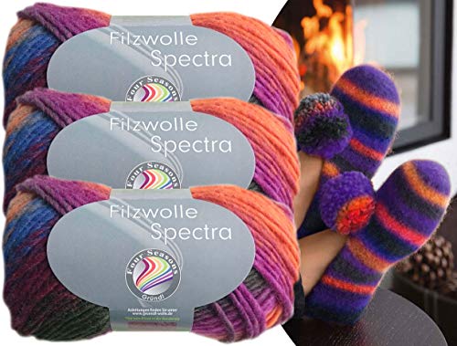 Gründl 3x100 Gramm Filzwolle Spectra aus 100% Schurwolle, (Sparset 07 Dunkelblau Lila Orange) inkl. Strickanleitung für Filzhausschuhe + 3 Strasssteine zum aufnähen von Gründl