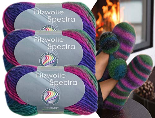 Gründl 3x100 Gramm Filzwolle Spectra aus 100% Schurwolle, (Sparset 08 Pink Türkis Blau) inkl. Strickanleitung für Filzhausschuhe + 3 Strasssteine zum aufnähen von Gründl