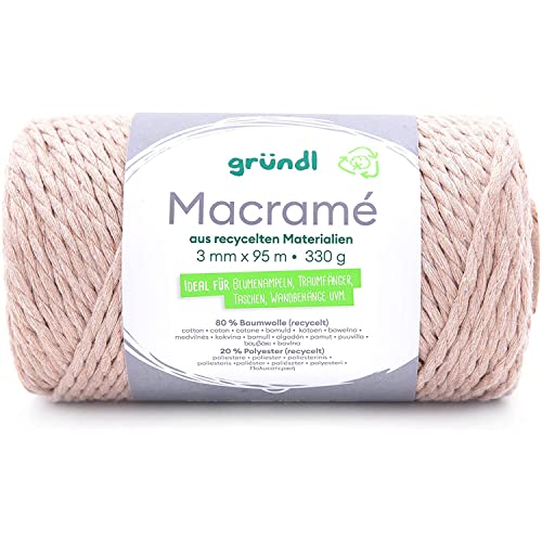 Gründl Macramé Garn (Makramee-Garn aus 70 % recycelter Baumwolle, 25 % Polyester und 5 % recycelter Fasern, 330 g / 95 m, Stärke 3 mm, 5 x 330 g), Beige von Gründl