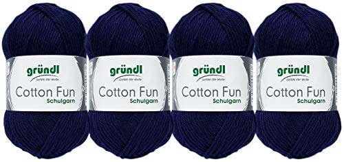 Gründl 4x50 Gramm Cotton Fun Woll Set SB Pack inkl. Anleitung für EIN Einkaufsnetz, Einkaufstasche mit Häkelnadel (11 Marine) von Gründl