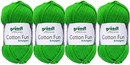 Gründl 4x50 Gramm Cotton Fun Woll Set SB Pack inkl. Anleitung für EIN Einkaufsnetz, Einkaufstasche mit Häkelnadel (12 Grün) von Gründl