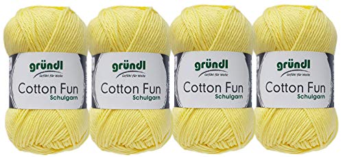 Gründl 4x50 Gramm Cotton Fun Woll Set SB Pack inkl. Anleitung für EIN Einkaufsnetz, Einkaufstasche mit Häkelnadel (22 Mimose) von Gründl