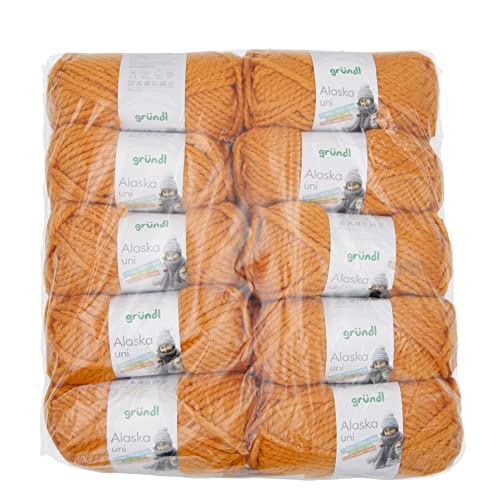 Gründl Alaska uni (Strick- und Häkelgarn mit wollartigem Charakter aus 80% Polyacryl und 20% Wolle, 100 g / 75 m, Nadelstärke: 10-12, 10 x 100 g), orange von Gründl