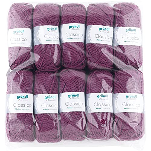 Gründl Classico Wolle (OEKO-TEX® zertifiziertes Strickgarn aus 50 % Schurwolle (Merino) & 50 % Polyacryl, 50 g/120 m, Nadelstärke: 3,5 - 4,5, 10 Knäuel á 50 g), Bordeaux von Gründl